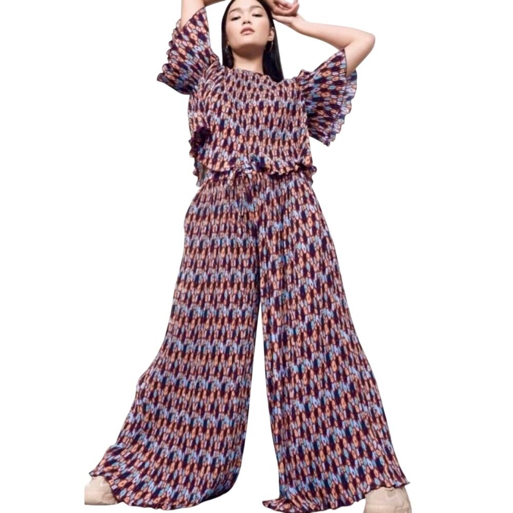 Wildfang Empower Plisse Loose Leg Drawstring Pants, Abstract, Medium, NWT